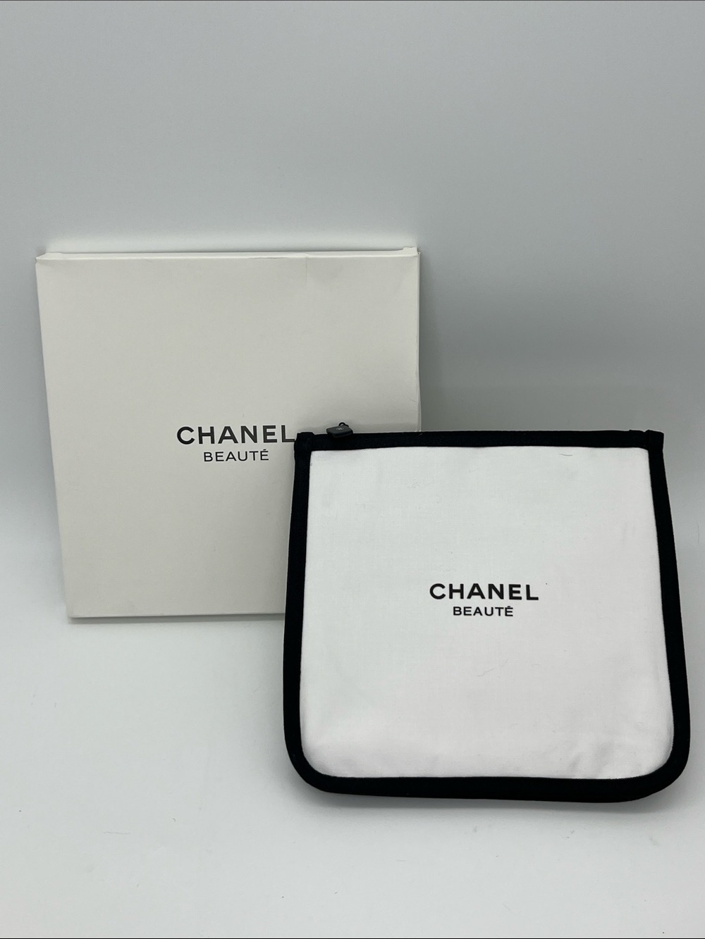 CHANEL White and Black Canvas Cosmetic Pouch